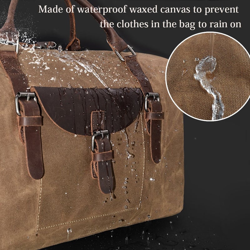 NEWHEY Oversized Travel Duffel Bag Waterproof Canvas Genuine Leather Weekend bag Weekender Overnight Carryon Hand Bag Brown - Image 3